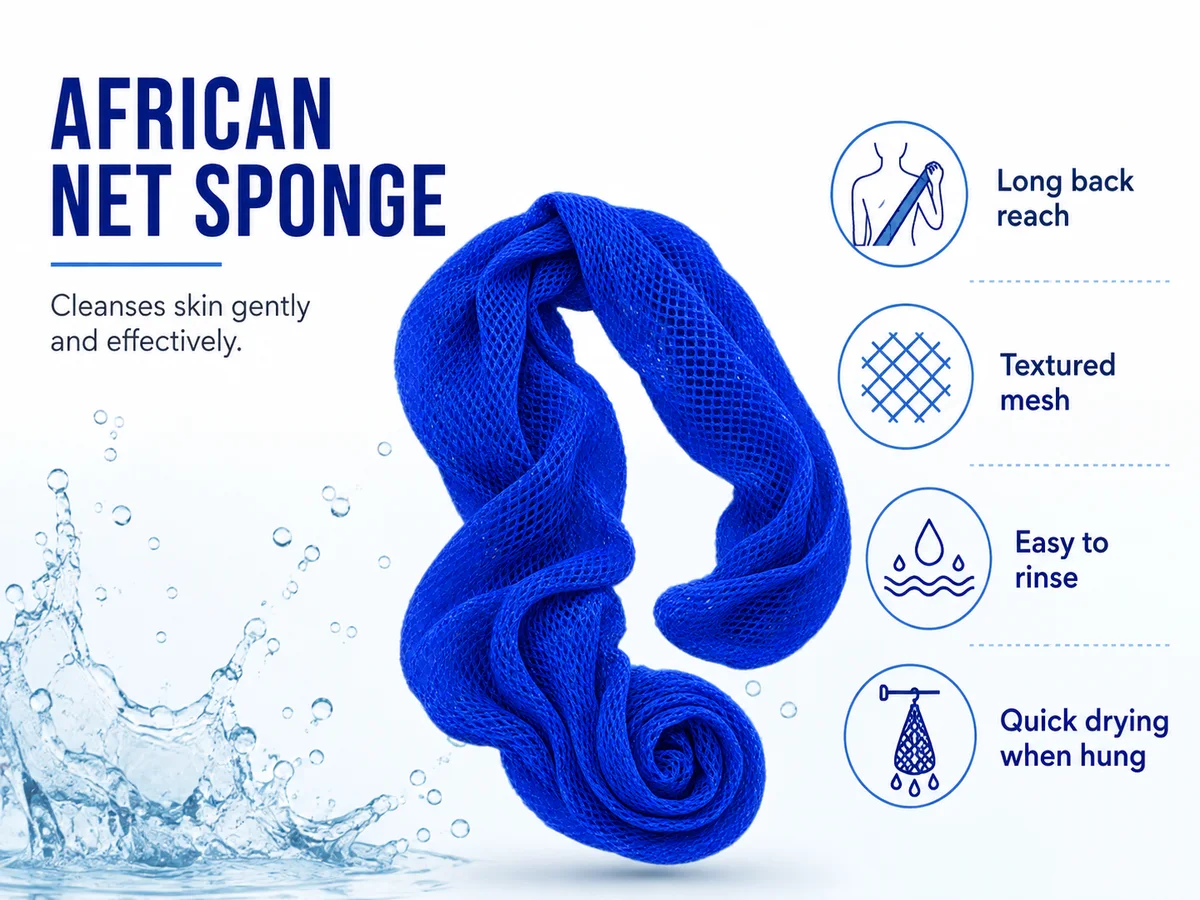 Illustrated benefits of an African net sponge: long back reach, textured mesh, easy rinsing and quick drying when hung